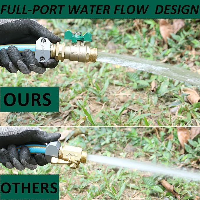 STYDDI Full Flow Brass Garden Hose Shut Off Valve, Heavy Duty 1-Way No Restricted-Flow Water Shut-Off Connector, 3/4” GHT High Flow Hose Ball Valve Adapter Coupling, Lawn Hose-end Flow Control Valve