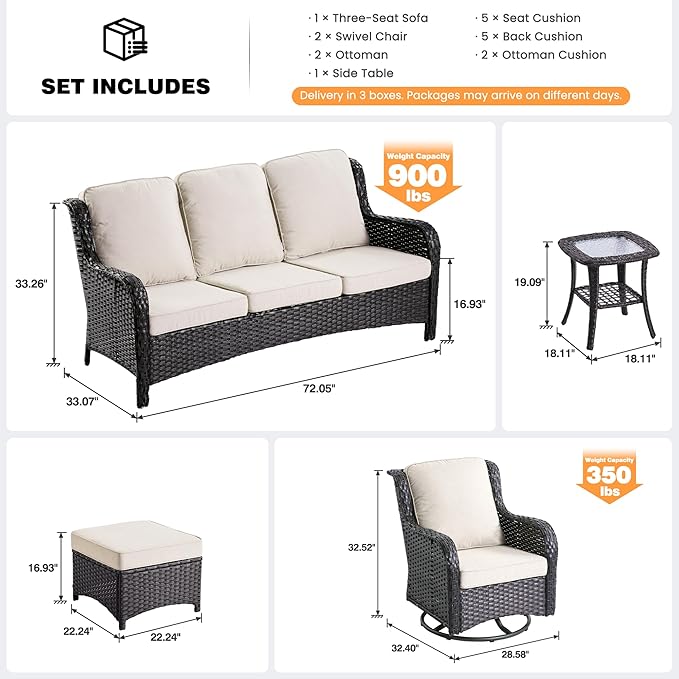 ovios 6 Pieces Patio Furniture Set, Outdoor Wicker Sofa Couch with Swivel Chairs Ottomans Comfy Cushions, All Weather High Back Modern Conversation Sets, Brown Rattan, Beige