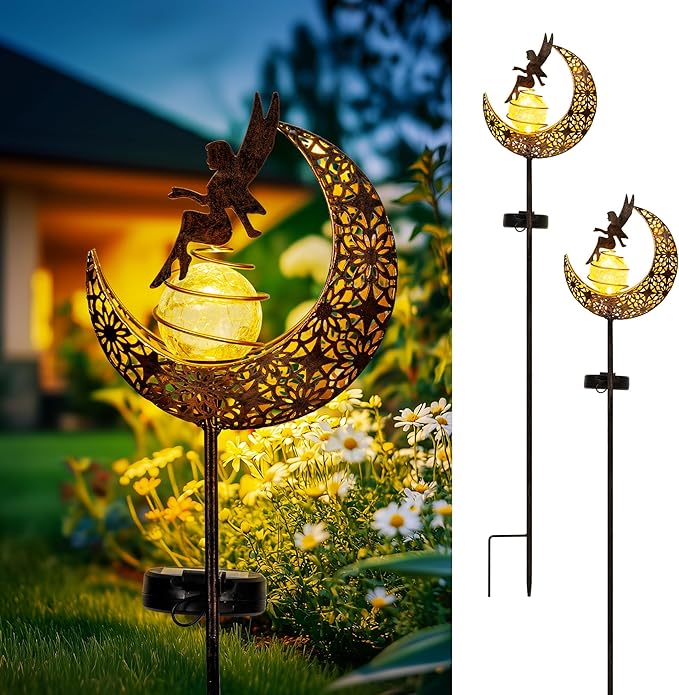 Fairy Garden Solar Lights Outdoor Moon Stakes, Waterproof Outdoor Metal Decor Gifts for Women Mom, Art Moon Sculpture for Yard, Patio, Garden, Porch, 2 Pack