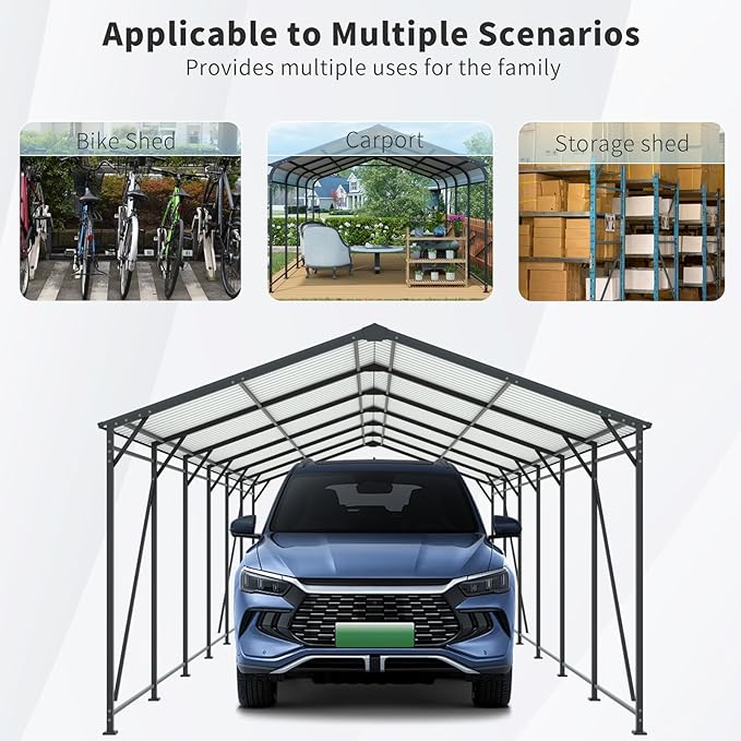 Carport, Heavy Duty Carport with Galvanized Steel Roof and Frame, Metal Large Garage with 4 Fixed Inclined Square Tube Supports (12 * 32 FT)