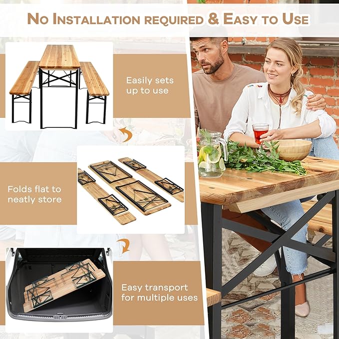 NAFORT 6FT Picnic Table Set, 3-Piece Folding Beer Table & Bench, Portable Wooden Picnic Tables for Outdoors Dining Table Set w/Metal Frame for Patio Garden