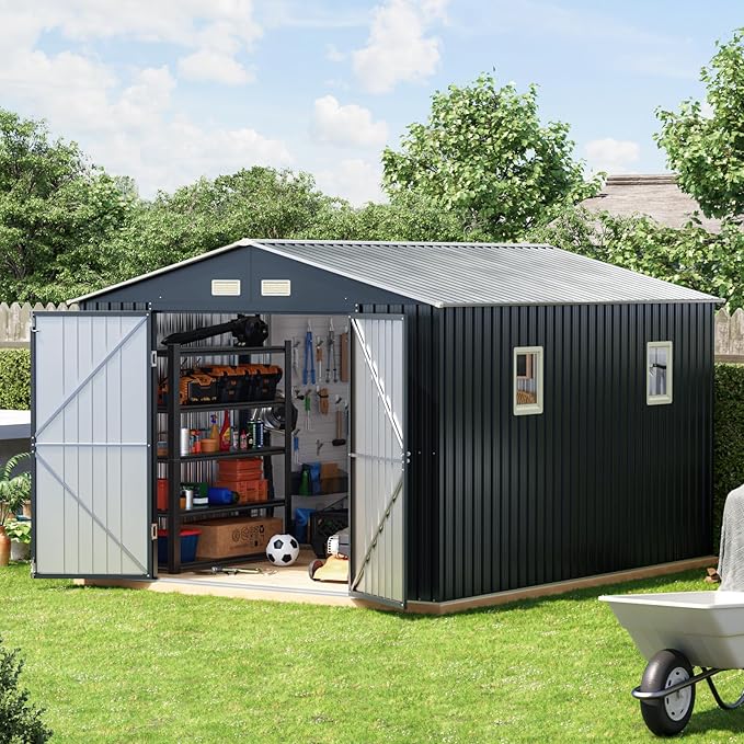 10x10 FT Outdoor Metal Storage Shed, Double Swing Doors, 2 Clear Windows,Tool Shed for Garden, Patio, Backyard