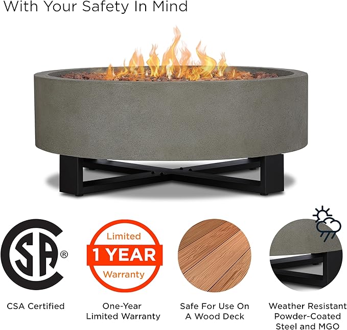Real Flame Ideldale Round Outdoor Propane Fire Pit - Lightweight, Concrete-Like Material (MGO) - Push Button Start, Adjustable Flame Height