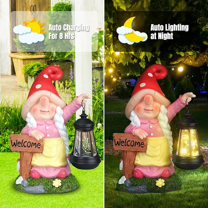 Solar Garden Gnome Statue Holding LED Lantern with Welcome Sign Outdoor Ornaments Waterproof Christmas Decoration for Outside Patio Yard Lawn Decor (Pink)