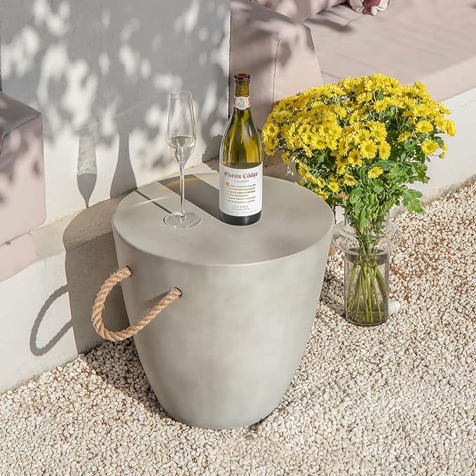COSIEST Set of 2 Outdoor Cup Shaped Side Table, Concrete Side Table w Hemp Rope Handles,17''Patio Side Tables End Table, Outdoor Accent Table for Garden and Patio, Grey