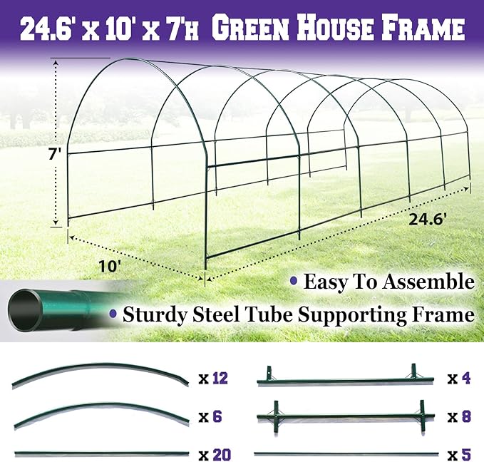 Strong Camel Greenhouse Replacement Frame for 24.6'X10' X 7' Larger Hot Garden House, Support Arch Frame Climbing Plants/Flowers/Vegetables (24.6'X10' X 7')