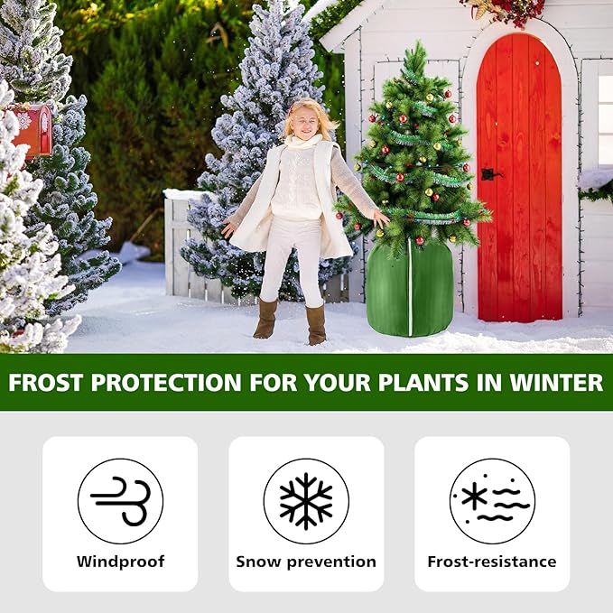 2 Pcs Plant Pot Covers Freeze Protection for Winter - Potted Plant Winter Protection Frost Jacket with Zipper Drawstring to Keep Outdoor Plants Flowers Shrubs Trees Warm (25.6"D x 19.7"H - Green)