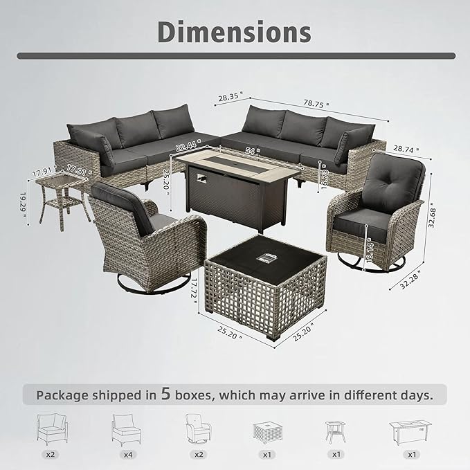 HOOOWOOO Outdoor Patio Furniture Set with Fire Pit Table,11 Pieces Wicker Out Door Sectional Furniture L Shaped Couch,Outside Patio Conversation Sets Swivel Chair,Denim Blue