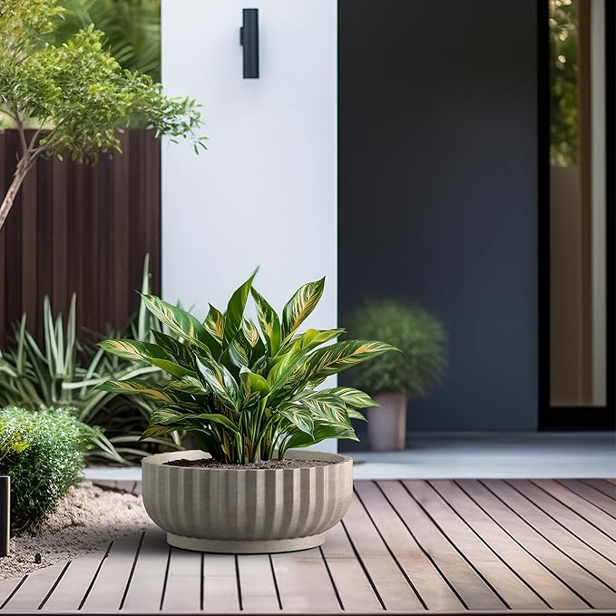 Kante Round Fulted Bowl Planter, 20.9 Inch Dia Large Concrete Flower Pots with Drainage Hole and Rubber Plug, Suitable for for Indoor Outdoor Plants, Home, Patio, Garden, Weathered Concrete