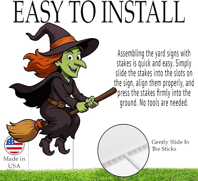 Large Funny Flying Witch on Broom Halloween Yard Sign Home Outdoor Lawn Decoration With Stakes Scary Spooky Decor