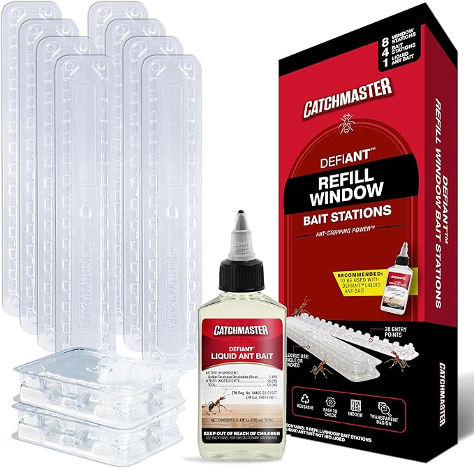 Catchmaster DEFIANT Liquid Ant Bait + 4 Classic Ant Stations + 8 Window Sill Stations Bundle, Multi-Surface Pest Control Traps for Home & Outdoor, Reduce & Remove Colonies