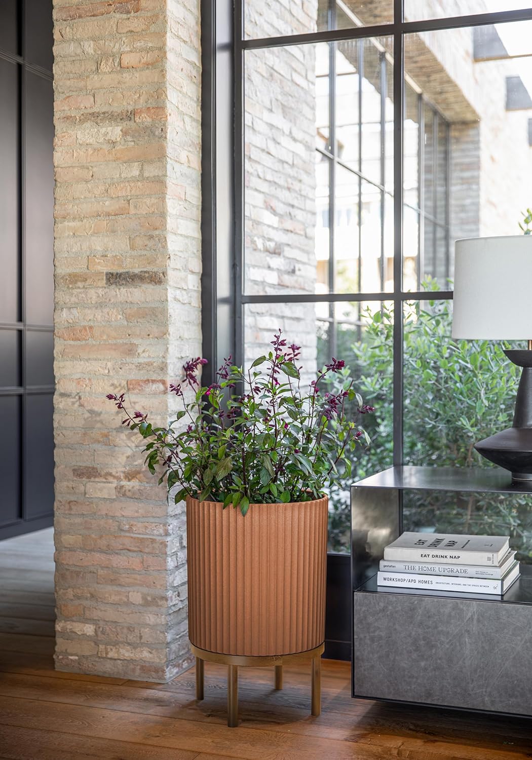 Veradek Demi Series Round Planter w/Stand for Porch/Patio | Durable Plastic-Stone Composite & Wooden Stand | Modern Décor for Tall Plants, Flowers