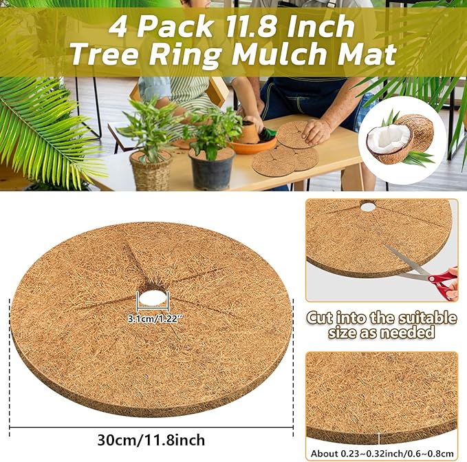 Legigo 4pcs Coconut Fiber Mulch Ring Tree Plant Protector Mat, 11.8 Inch Natural Coco Coir Tree Protection Ring Plant Pot Soil Cover, Tree Rings Disc Plant Cover for Indoor Outdoor Plants, Landscaping