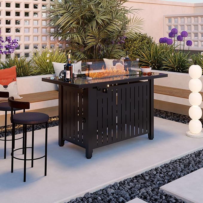 43 Inch Outdoor Propane Fire Pit Table 50,000 BTU, Rectangle Gas Fire Pit with Glass Wind Guard & Tempered Glass Top for Outside Patio & Backyard, Includes Rain Cover & Glass Beads