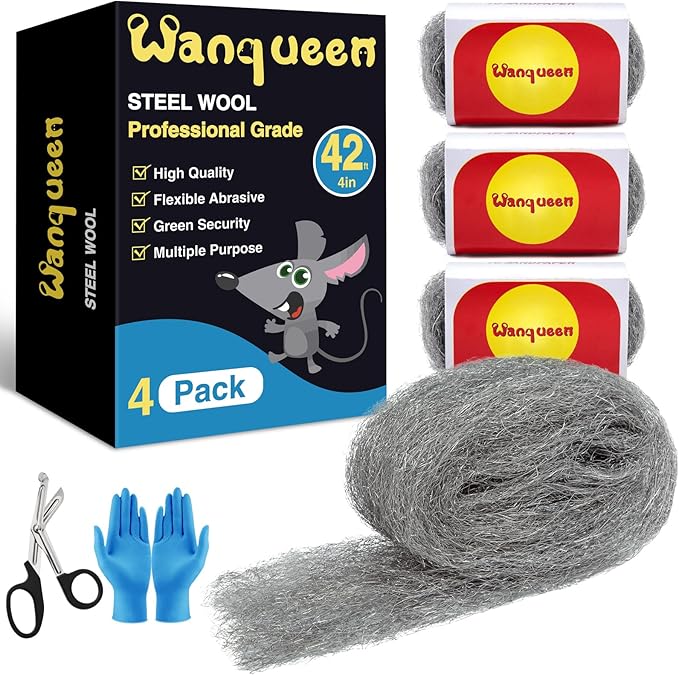 Steel Wool Mice Control 4'' * 42' Total Rodent Control Fill Fabric, Steel Wool Pads Mouse Blocker, Hole Filler Keep Mice Away from Holes Wall Cracks Gaps(4 Rolls)
