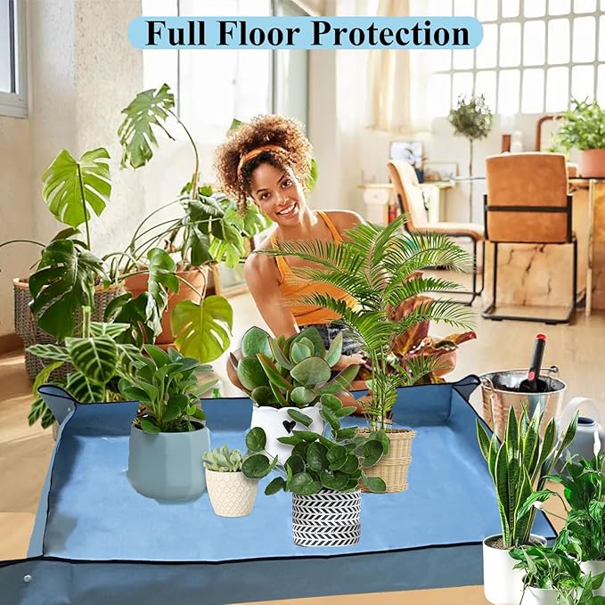 59" x 39" Extra Large Plant Repotting Mat, Foldable Gardening Mat for Indoor, Transplanting Houseplants, Pot Out, Mix Soil and Mess Control, Gardening Gifts for Women Men Plant Lover(Blue)