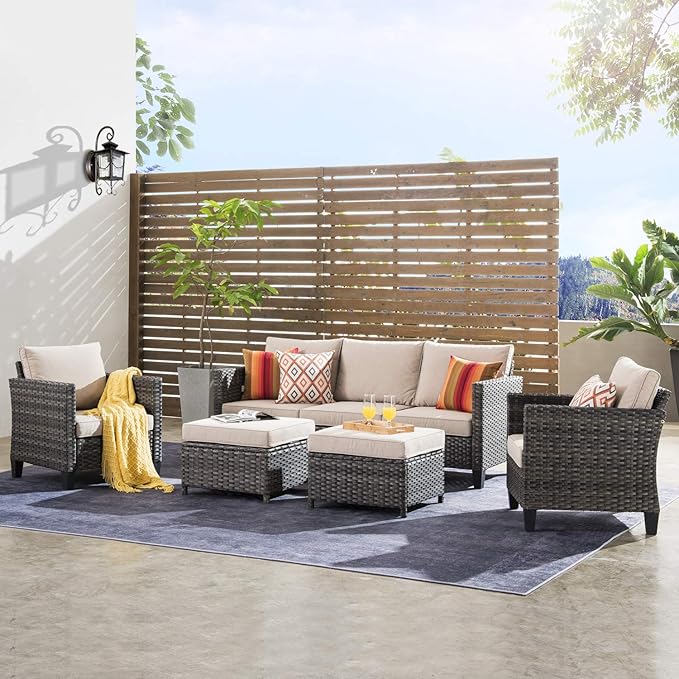 ovios Patio Furniture Set, 5 Pieces Outdoor Wicker Sofa Couch with Chairs, Ottomans and Comfy Cushions, All Weather High Back Rattan Conversation Set, Beige