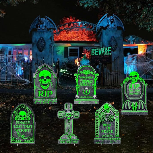 17” Outdoor Halloween Decorations Tombstones Yard Sign, 6 Pack Glow in The Dark Graveyard Decor, Light Up Halloween Tombstones for Yard, Cemetery, Party, Gift, Waterproof and Durable