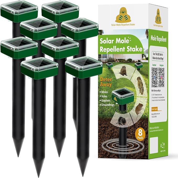 X-PEST 8 Pack Mole Repellent for Lawns Solar Powered Groundhog Spikes, Ultrasonic Mole Stakes for Yard, Waterproof Gopher Repellent to Get Rid of Chipmunk, Vole and Snake for Garden