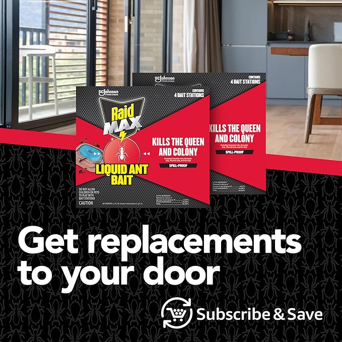 Raid Max Liquid Ant Bait; Kills Ants Where They Breed, for Indoor and Outdoor Use; 4 Bait Stations