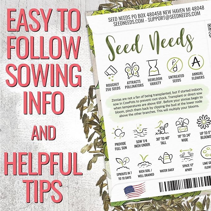 Seed Needs Zinnia Seeds for Planting California Giants Zinnias - Collection of 9 Individual Heirloom Seed Packets - Grow a Butterfly Garden to Attract Butterflies, Bees & Other Pollinators
