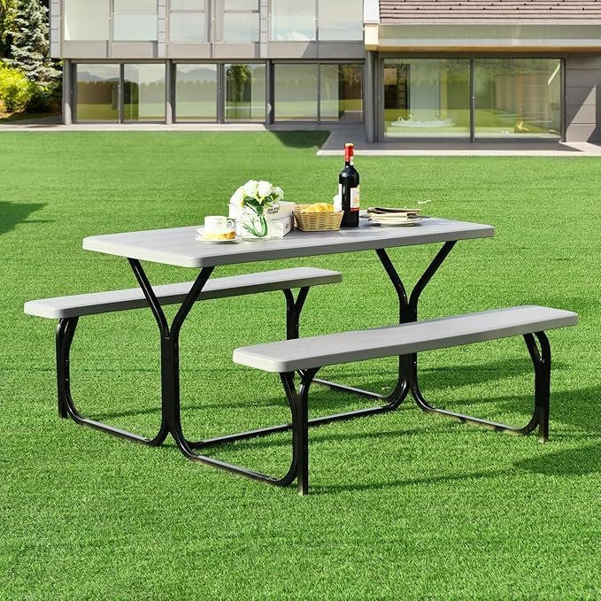 Moccha Picnic Table Bench Set - Portable Plastic Picnic Table w/Steel Frame & Wood-Like Texture, All Weather Heavy Duty Picnic Table Kit, Picnic Tables for Outdoors Garden Patio Party Dining (Grey)