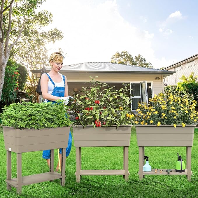 Aoodor 30" x 14" x 29" Raised Planter Box with Legs, Storage Shelf, Drainage Plug, and Water Level Indicator, for Vegetables, Flowers, Herbs, Outdoor Use, Set of 3, Khaki
