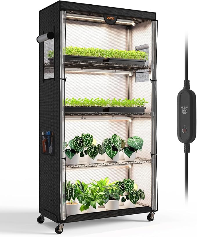 Indoor Greenhouse with Grow Light, Plant Stand with 4 Pack 5000K Full Spectrum Plant Lights , Plant Shelf with Tent for Indoor Plant, Seed Starting, Seed Tray, 29.5"x13.8"x59"
