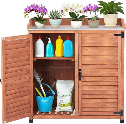 Outdoor Potting Bench with Metal Work Top,Waterproof Garden Storage Cabinet,Wooden Tool Station Shed for Backyard,Patio,Lawn Gardening