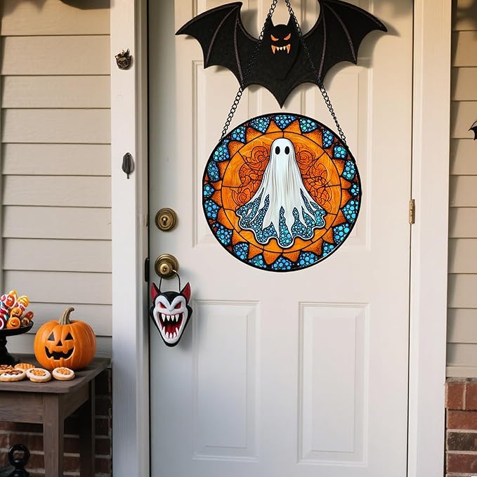 Stained Glass Window Hanging - Halloween Decorations White Ghost Suncatcher for Doors Garden Indoor Spooky Funny Blue Sun Catchers Gothic Decor Horror Gifts for Women Men Friend 6.3 in