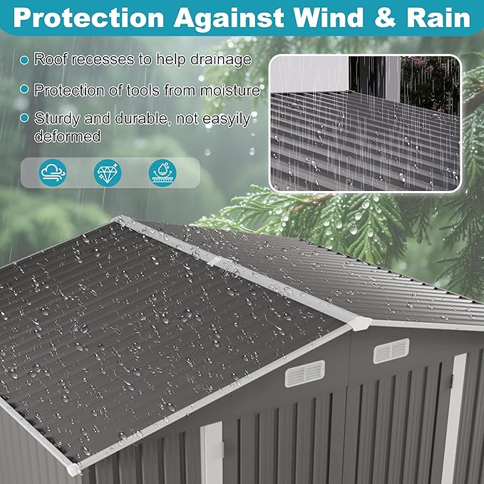 10x8 FT Outdoor Storage Shed, Large Metal Tool Shed with Peaked Roof and Lockable Door, Galvanized Steel Garden Shed with Clear Window for Backyard Garden Patio Lawn, Gray