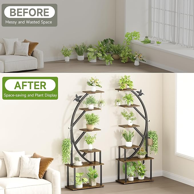 Plant Stand Indoor with Grow Lights, 62" Metal Plant Stand for Indoor Plants, 6 Tiered Tall Plant Shelf with Magnetic Cable Organizers and Decorative Bird, 2 Pcs Plant Holder for Patio, Living Room