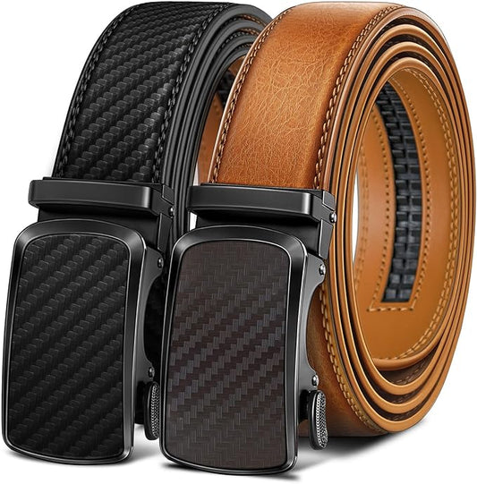 BULLIANT Men's Ratchet Belt 2 Pack-Click Leather Belt Adjustable for Men Gift 1 3/8-Cut for Perfect Fit