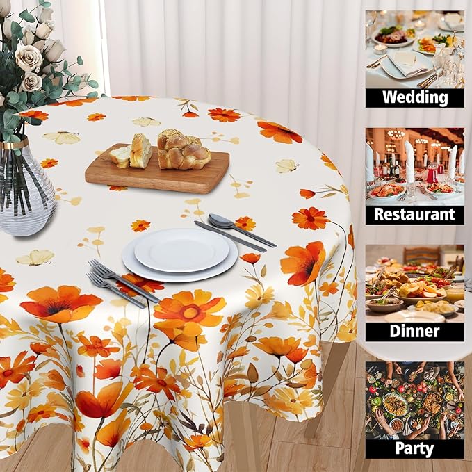 Giwawa Fall Floral Round Tablecloth 60 Inch,Watercolor Orange Wildflowers Autumn Reusable Washable Polyester Table Cover Seasonal Indoor Outdoor Dining Decorations for Home Party Picnic