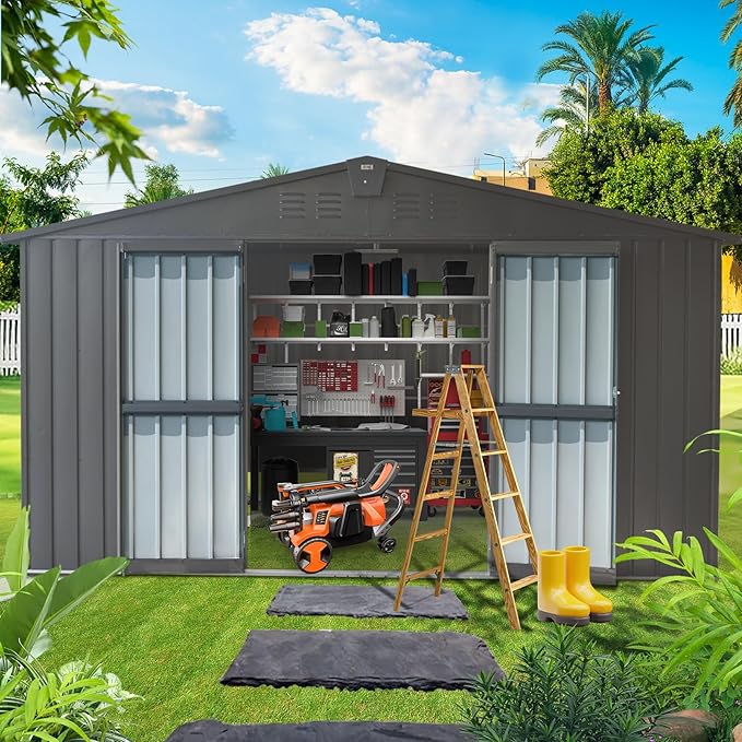 Domi Outdoor Storage Shed 11’ x 9’, Metal Sheds with Galvanized Steel Frame & Windows & Lockable Door, Garden Shed Tool Storage Room for Patio(Dark Gray)