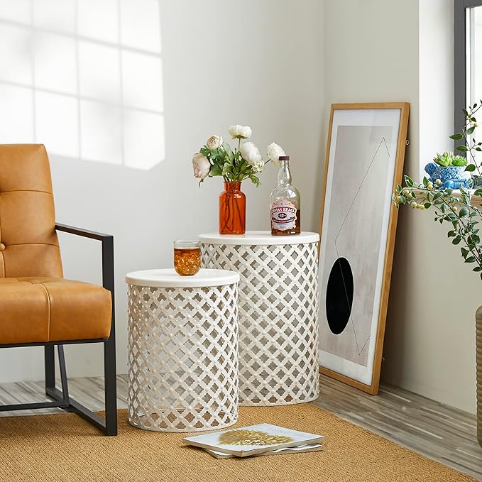 Glitzhome Outdoor Side Table Set of 2, Decorative Garden Stool for Indoor Outdoor Heavy Duty Metal Frame Accent Table Modern End Table, Glossy White