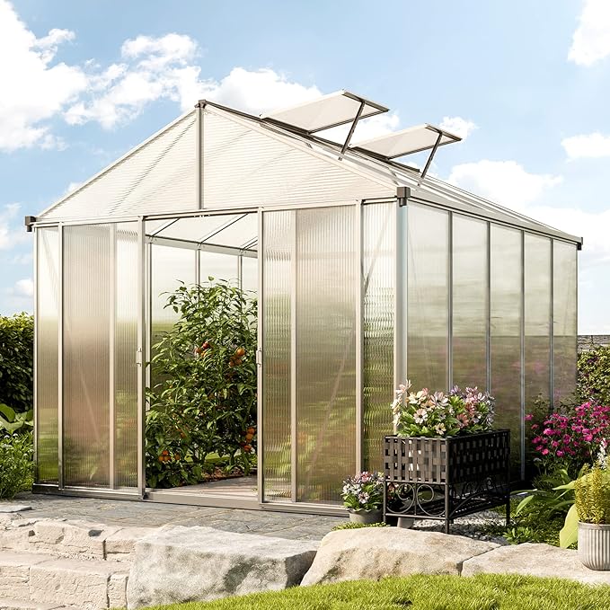 Greenhouse Rubin 5 Aluminum Frame 8.6 x 10.5 ft with Approx. 10 mm Polycarbonate Panels - with 2 Extra Skylights and 2 Automatic Window Openers