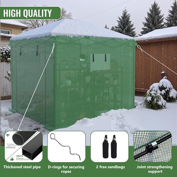 10X10 FT Pop Up Greenhouse,Greenhouse for Outdoors, Portable Walk-in Greenhouses with Roll-Up Zipper Door, PE Cover Greenhouses for Garden and Backyard, Easy Setup
