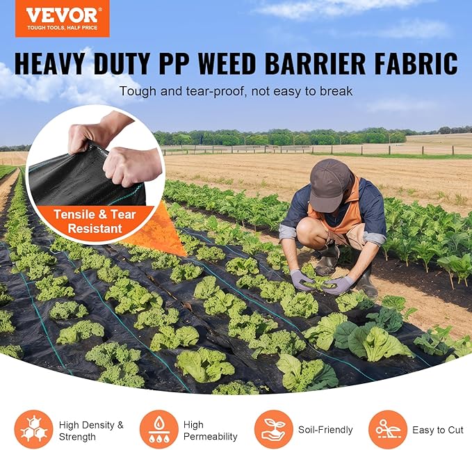 VEVOR Weed Barrier Landscape Fabric, 4*50FT Heavy Duty Garden Weed Fabric, Woven PP Weed Control Fabric, Driveway Fabric, Geotextile Fabric for Landscaping, Ground Cover, Weed Blocker Weed Mat, Black