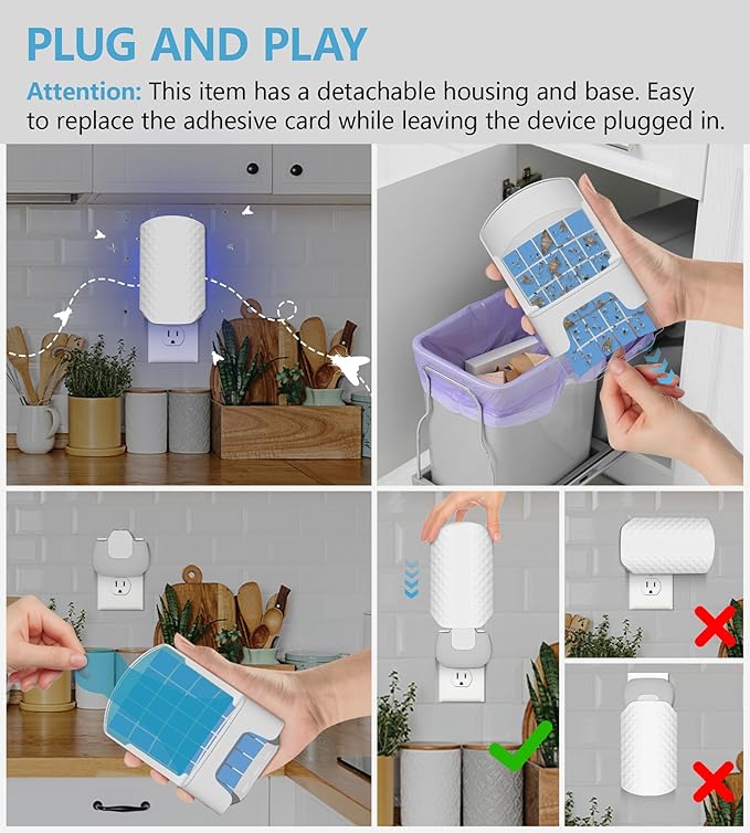 Flying Insect Trap for Indoors, Bug Killer Light Trap for Fruit Flies, Gnats, Moths, and Houseflies, 1 Device + 4 Refills, Best Fly Traps for Home, Kitchen, Bedroom, Plant Area, Garages