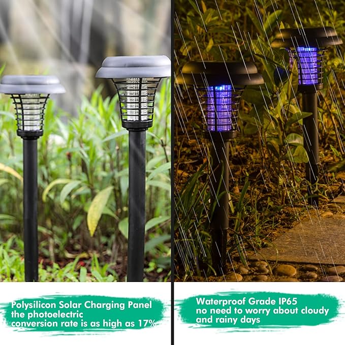 2 Pcs Solar Bug Zappers Outdoor Waterproof LED Solar Mosquito Zappers Solar Powered Mosquito Killer Light Lamp for Indoor and Outdoor Use