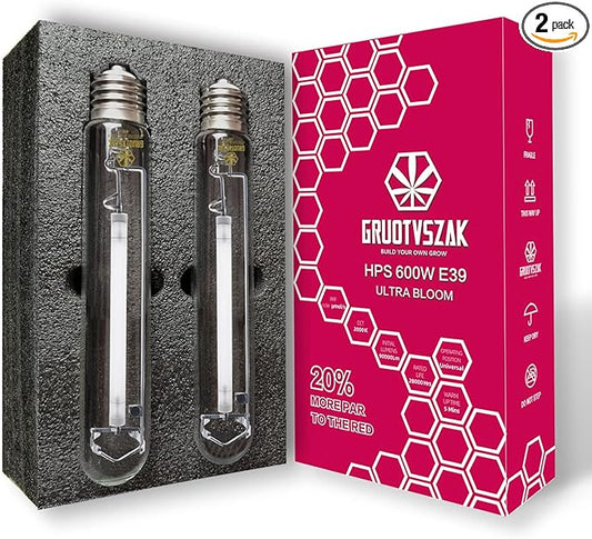 HPS 600 Watt Grow Light Bulb E39 Up to 40% More Red 1150μmol Ultra PPF Increases Red Concentrated Spectrum 90000 Lumens High Pressure Sodium 2-Pack