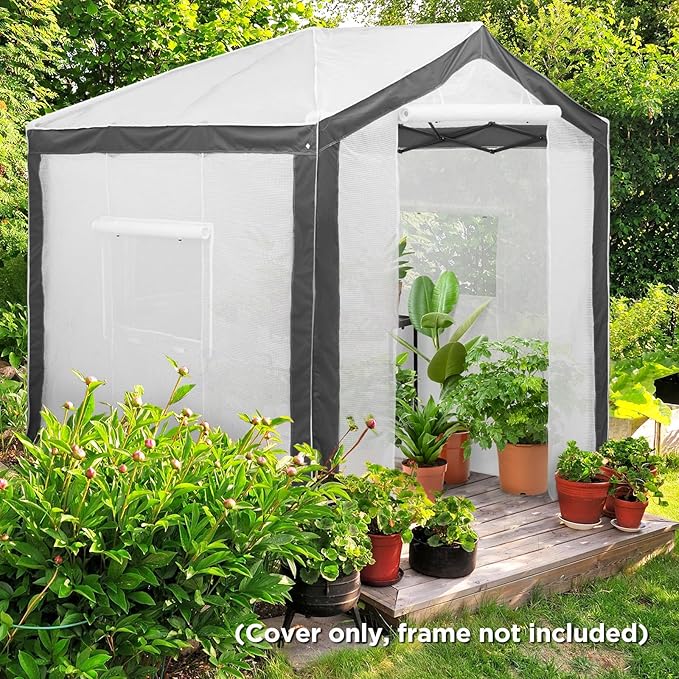 EAGLE PEAK Replacement Cover for 8x6 Portable Pop up Greenhouse with Polyester Reinforced Corners, Front Roll-Up Zipper Entry Door and 3 Large Roll-Up Side Windows (Frame Not Included), Gray/White