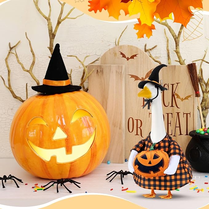 Sanwuta 1 Set Halloween Porch Goose Outfit Pumpkin Pillow Design with Hat for 23" Lawn Cement Goose Porch Geese Clothes Costume for Halloween Garden Patio Yard Outdoor Decorations