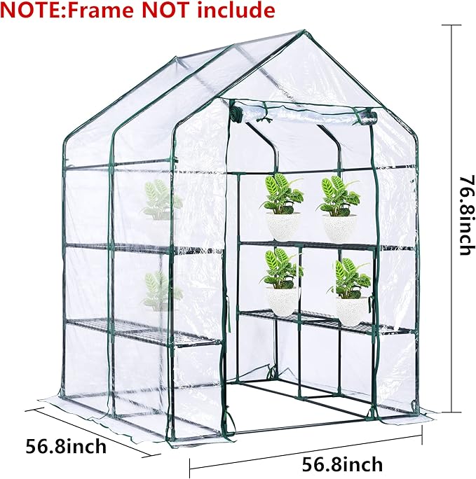 Walk-in Greenhouse Replacement Cover with Roll-Up Zipper Door -56 x 56 x 76 Inch PVC Greenhouse Cover for Outdoor Plant Gardening Plants Cold Frost Protection Wind Rain Proof (Frame Not Include)