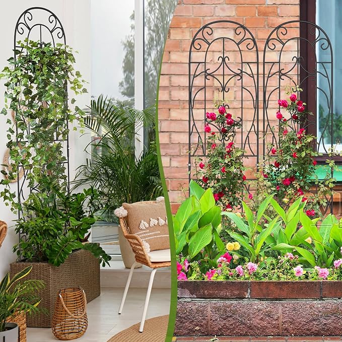 4 Pack Metal Garden Trellis for Climbing Plants, Black Metal Garden Trellis for Vines Plant Rose Vegetable Support,Large Decorative Outdoor Trellis