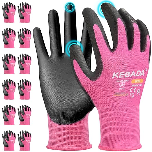 Kebada W1 Work Gloves Women, PU Coated Safety Gloves with Grip, Touchscreen, Ideal for Warehouse Package Handling, Construction, Gardening, Pink Small