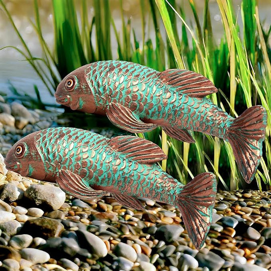 Garden Statues,Koi Fish Decor,Set of 2 Antique Koi Fish Garden Statue,Sculpture for Outdoors,Patio Decor,Backyard and Home Kitchen Decoration,Gifts for Mom Women Grandma