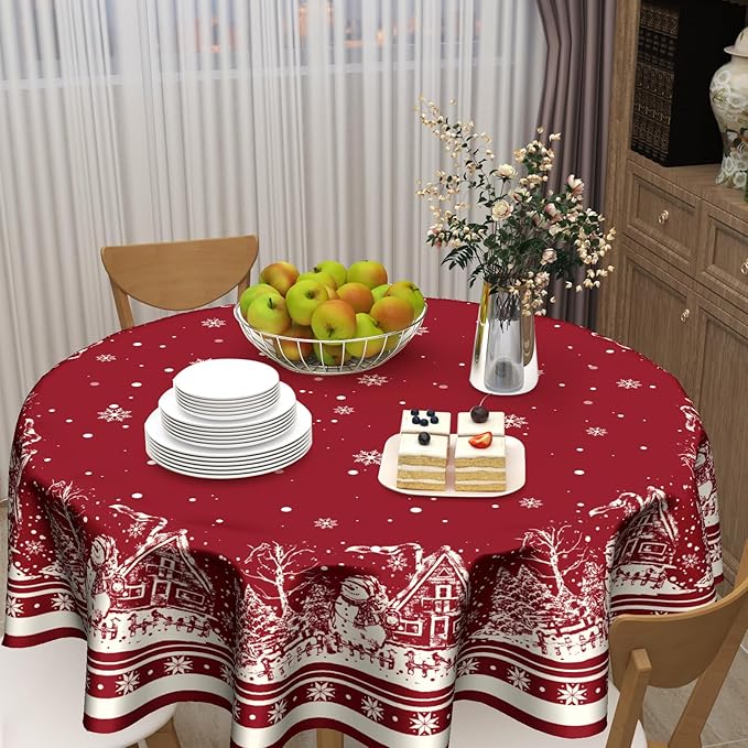 Giwawa Xmas Round Tablecloth 60 Inch, Farmhouse Red Snow House Snowflakes Holiday Washable Polyester Table Cover for Picnic Dinner Kitchen Winter Seasonal Party Tabletop Decoration
