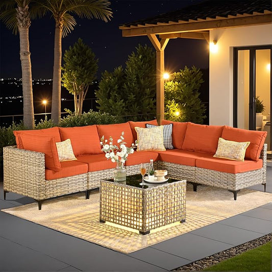 Outdoor Sectional Patio Furniture Set with Glowing Table,7 Pieces Wicker Conversation Sets L Shaped Couch Out Door Sofa Set Outside Furniture for Garden Deck Yard Porch,Orange Red